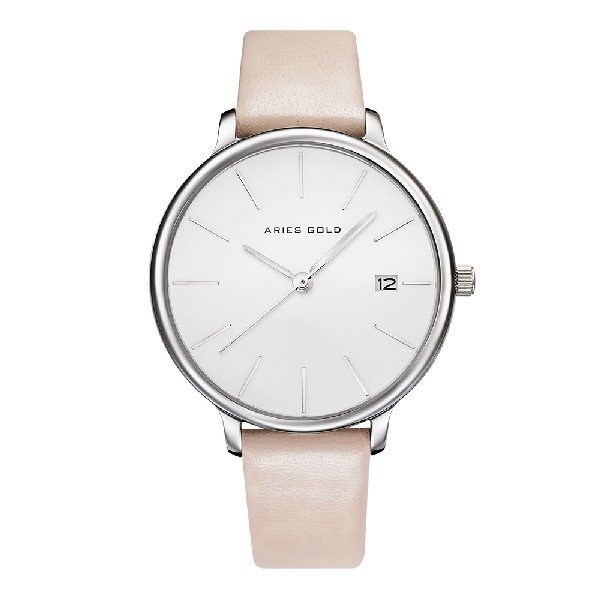 ARIES GOLD ENCHANT FLEUR SILVER STAINLESS STEEL L 5035 S-W LEATHER STRAP WOMEN'S WATCH